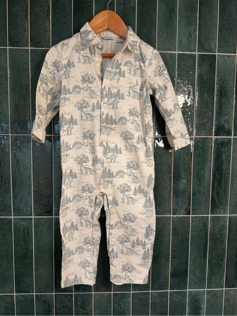 Janie and Jack Cream Pajama Romper with Sage Forest Dino Print